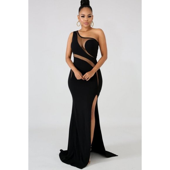 ISO: black high slit one shoulder mesh insert maxi mermaid dress - Picture 3 of 3